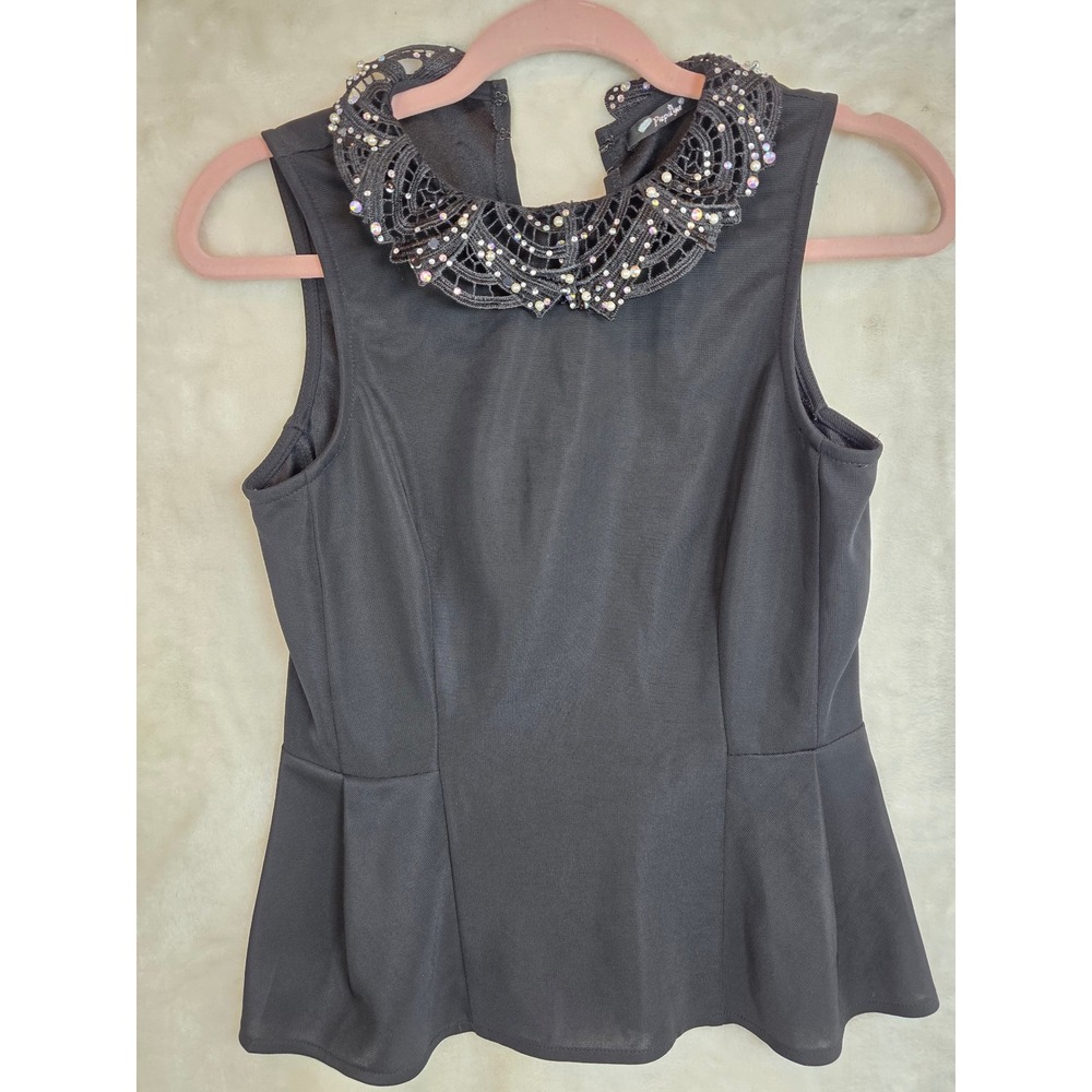 Papaya‎ Black Sleeveless Peplum Top Rhinestone Pearl Lace Collar Back Zip Womens